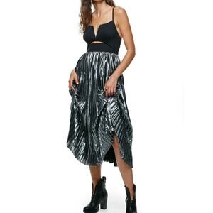 Free People NWT Piper Silver Black Pleated Sleeveless Cut-Out Midi Dress XS